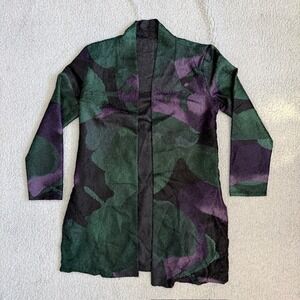 Chicos Travelers Watercolor Crushed Jacket Enchanted Forest Green Purple Open